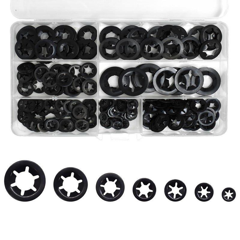 Renashed 340Pcs Internal Tooth Star Lock Washers, M3-M12 Quick Speed Locking Washers Assortment Kit 65Mn Steel Black Oxide Finish Push on Locking Washer, 7 Size - Image 1